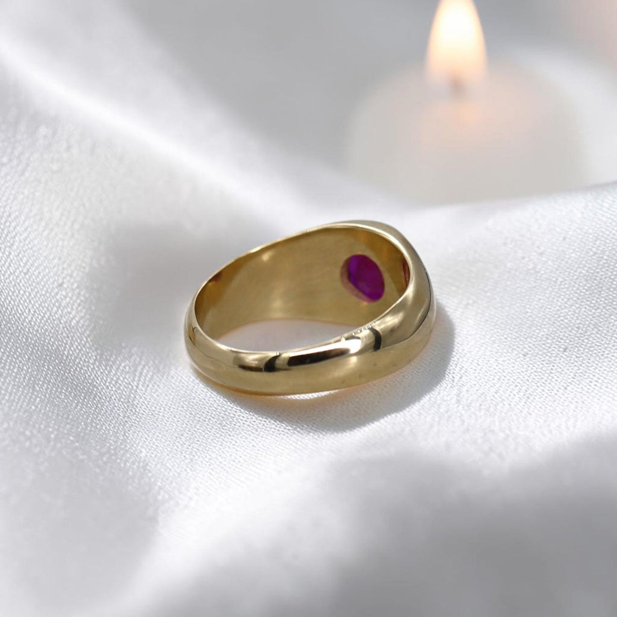 Bespoke 14k Yellow Gold Gypsy-Set Ruby Ring — Custom Commission - Petra Star