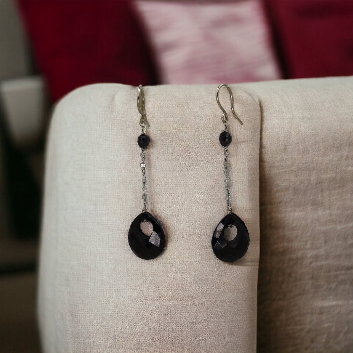 Black and White Diamond Earrings with Onyx in 14k White Gold Station Earrings - Petra Star