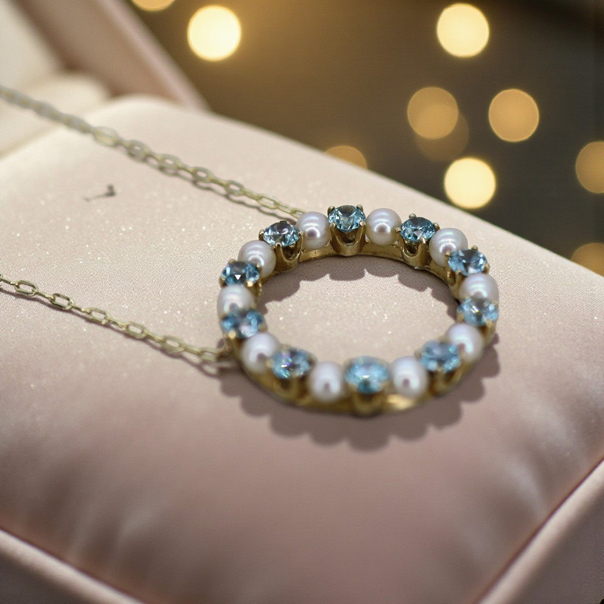 Blue Zircon & Pearl Circle Necklace 14k Gold – Vintage Brooch Conversion - Petra Star