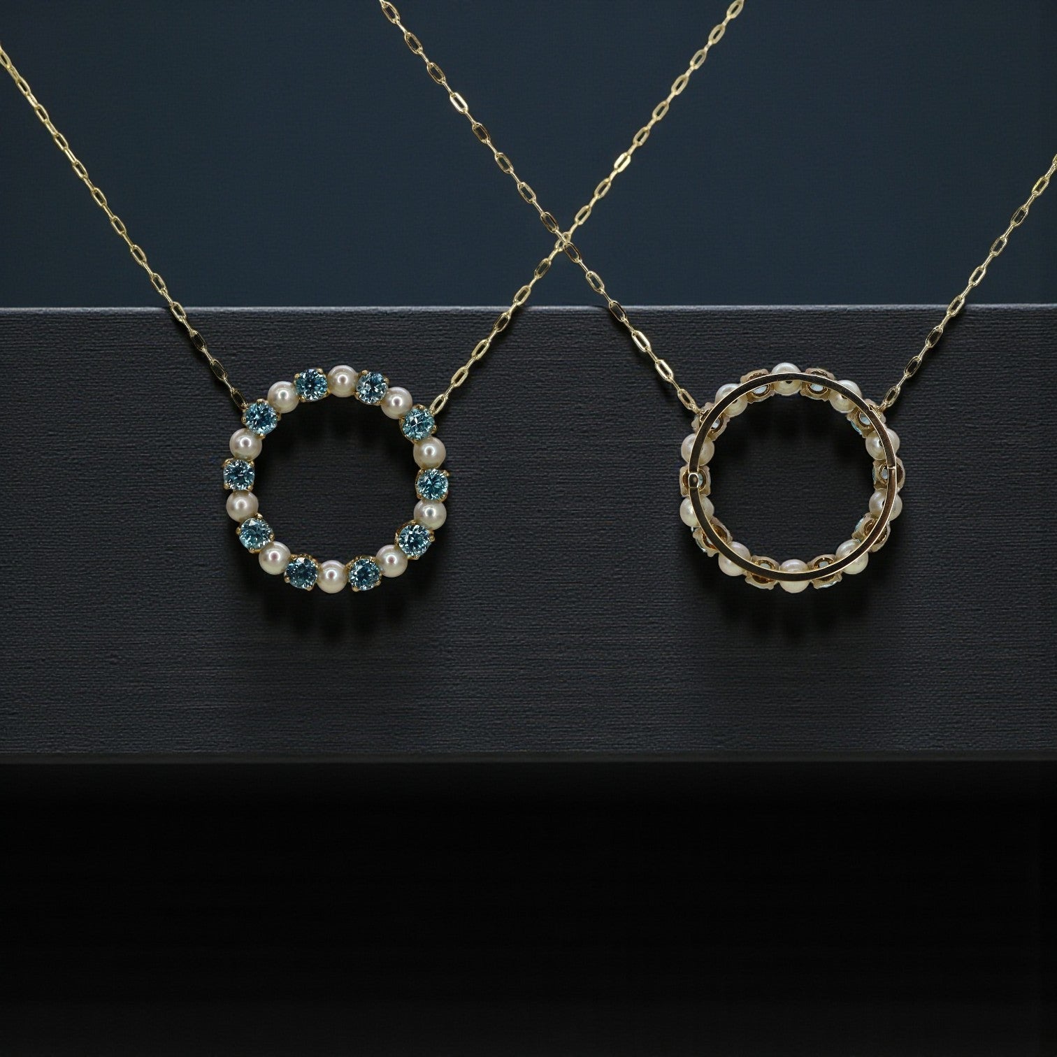 Blue Zircon & Pearl Circle Necklace 14k Gold – Vintage Brooch Conversion - Petra Star