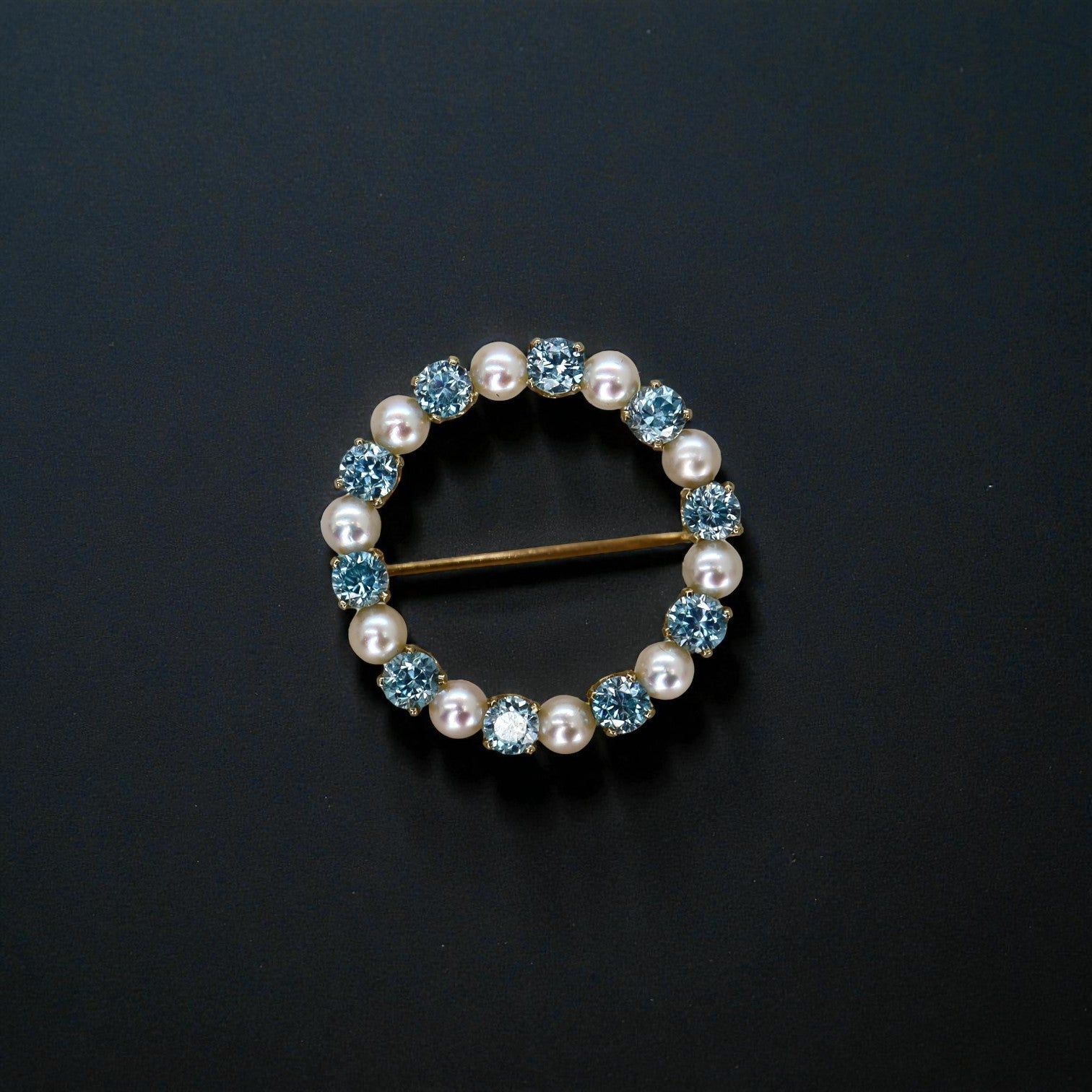 Blue Zircon & Pearl Circle Necklace 14k Gold – Vintage Brooch Conversion - Petra Star
