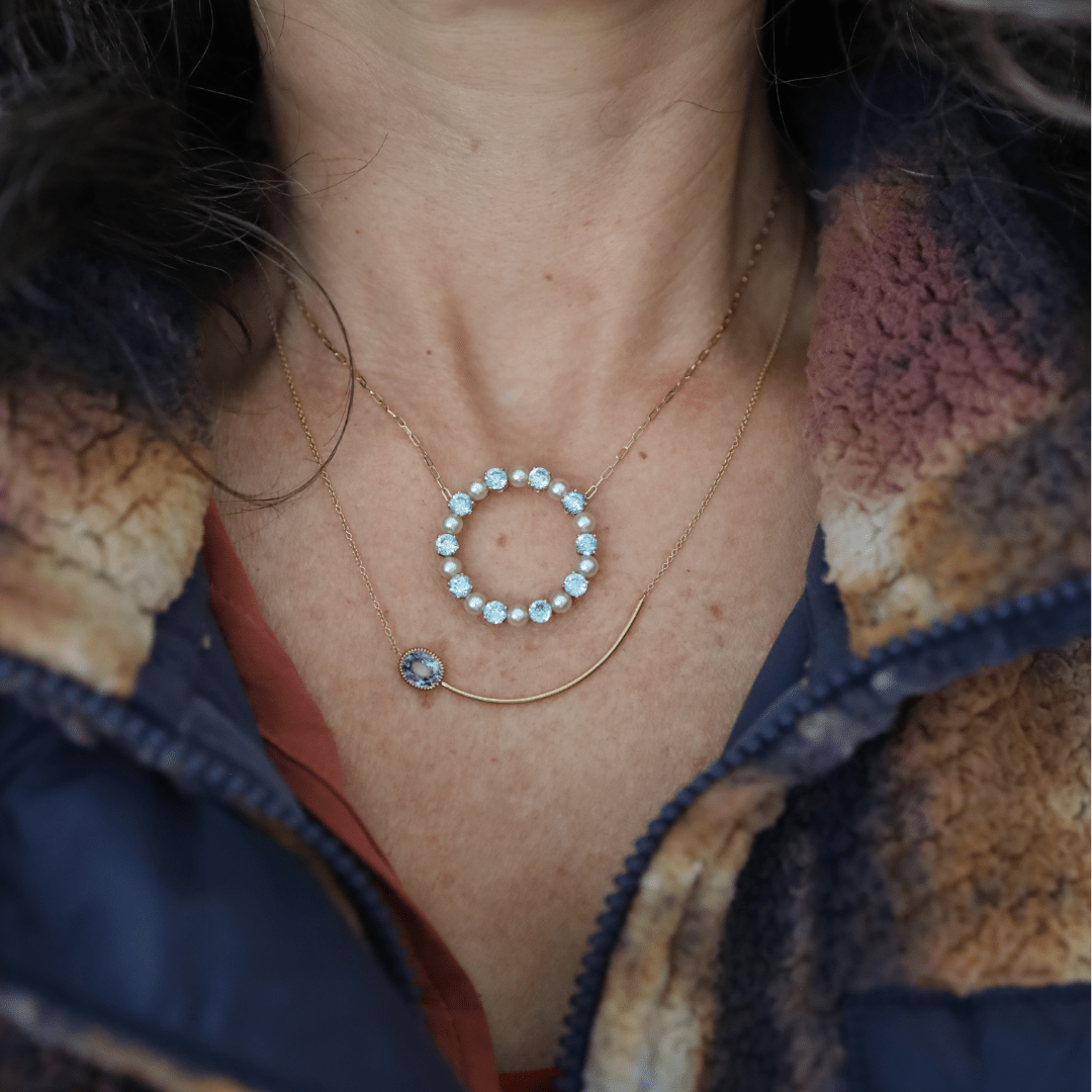 Blue Zircon & Pearl Circle Necklace 14k Gold – Vintage Brooch Conversion - Petra Star