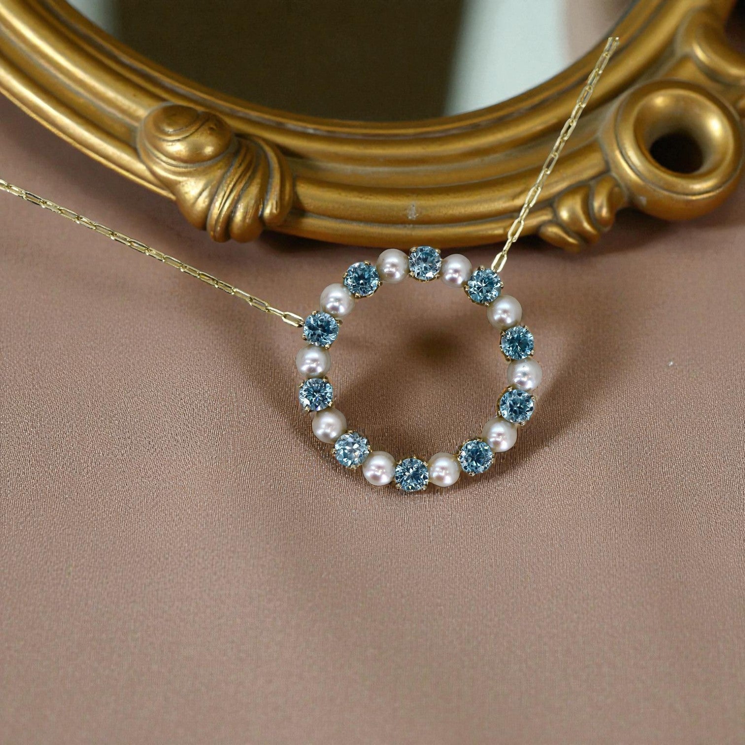 Blue Zircon & Pearl Circle Necklace 14k Gold – Vintage Brooch Conversion - Petra Star