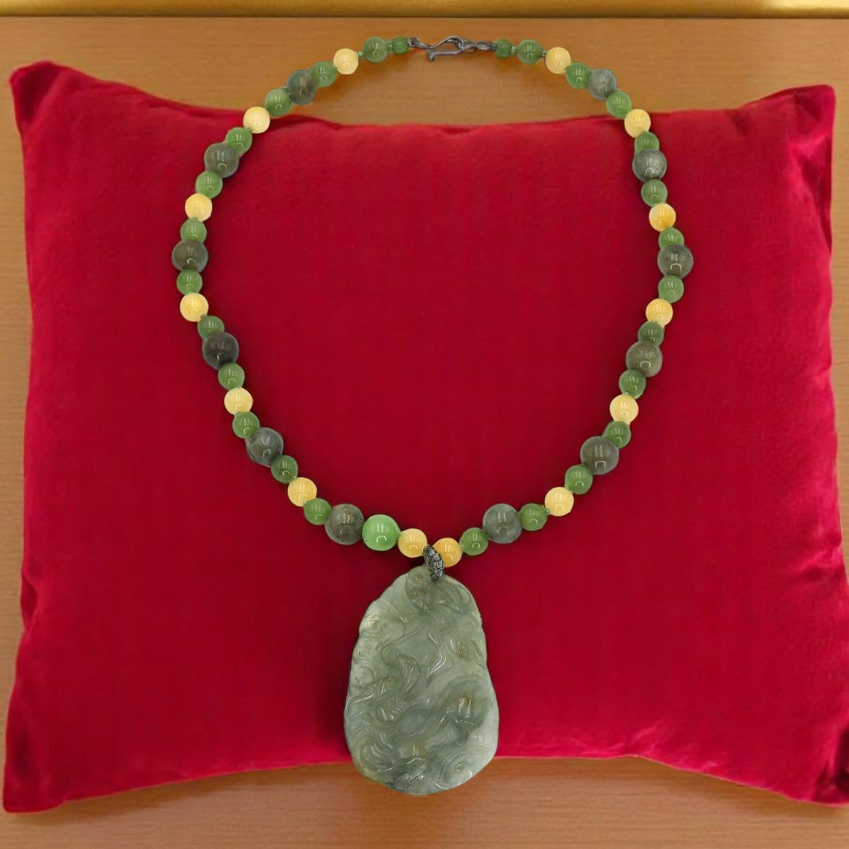 Carved Double-Sided Dragon Jade Necklace with Jade Beads - Petra Star