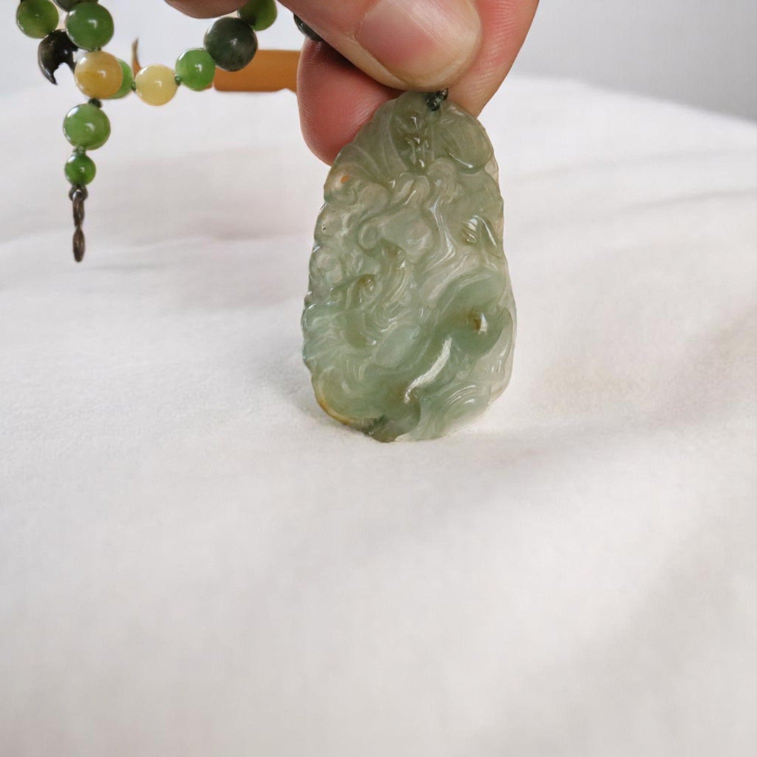 Carved Double-Sided Dragon Jade Necklace with Jade Beads - Petra Star