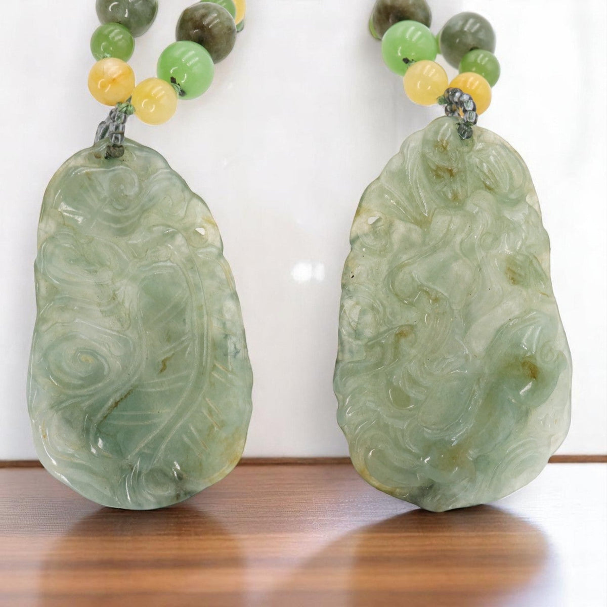 Carved Double-Sided Dragon Jade Necklace with Jade Beads - Petra Star