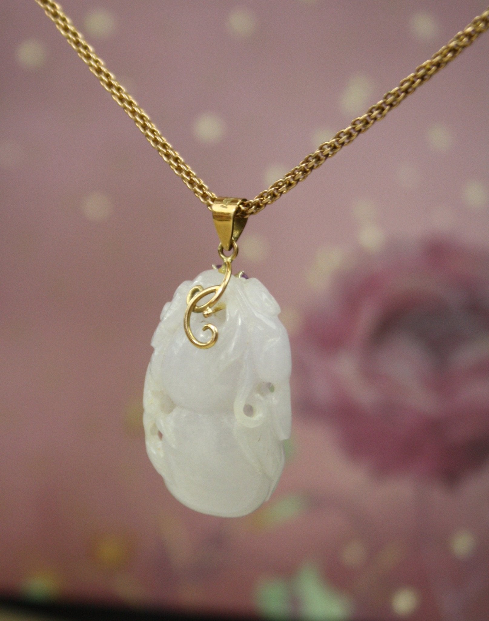 Carved Lavender Jade Pendant with Gourd and Flower / 14k Yellow Gold Amethyst Bail - Petra Star