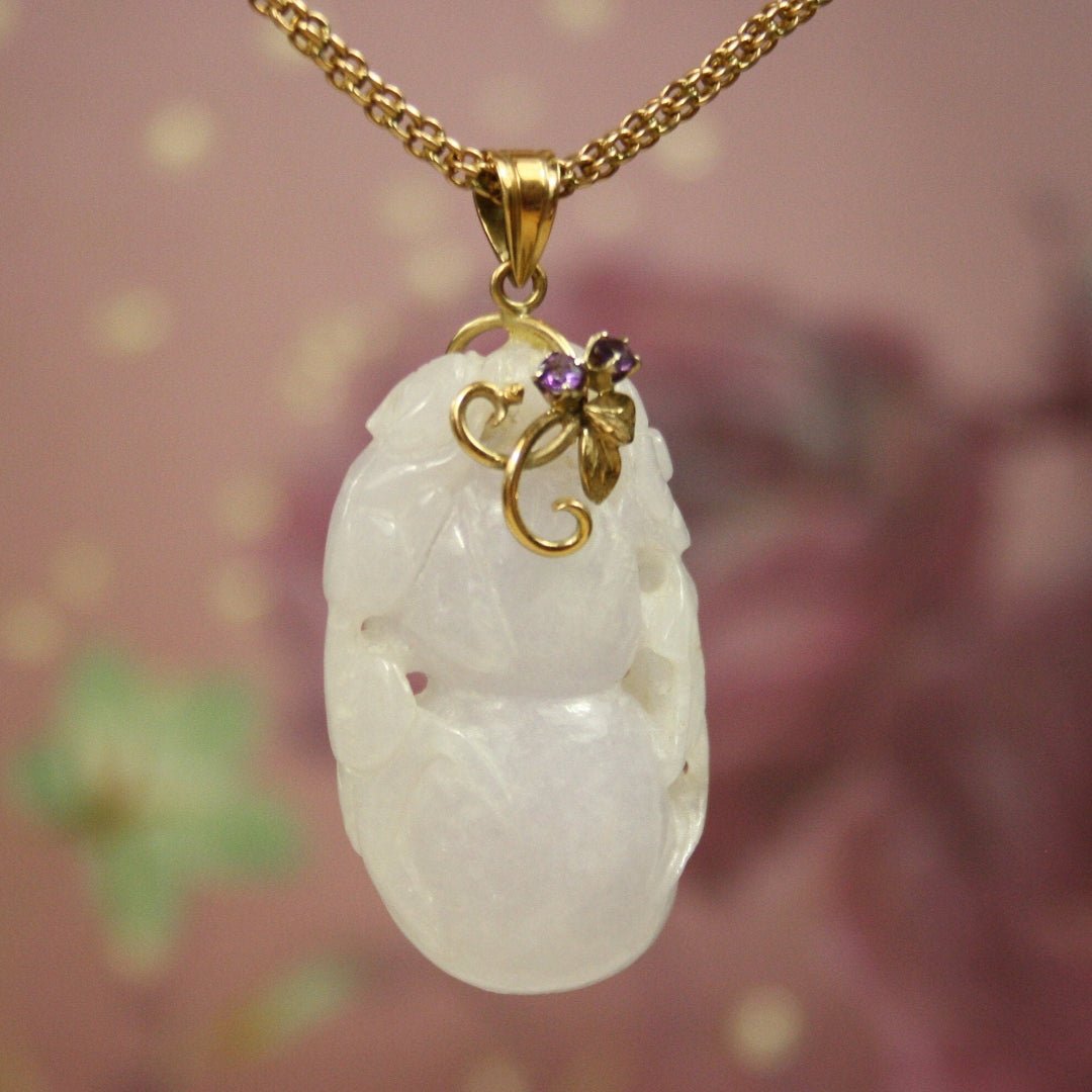 Carved Lavender Jade Pendant with Gourd and Flower / 14k Yellow Gold Amethyst Bail - Petra Star