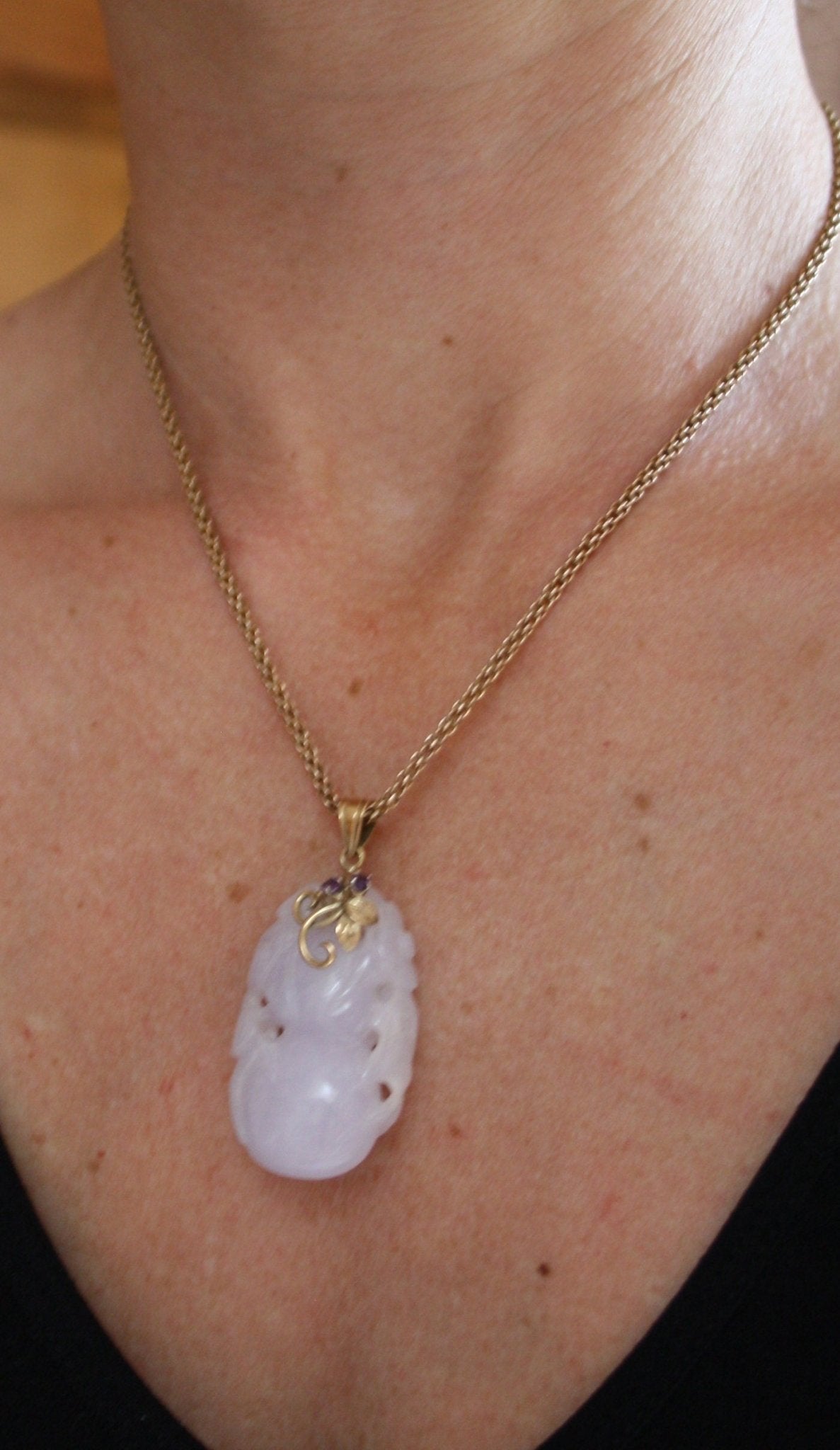 Carved Lavender Jade Pendant with Gourd and Flower / 14k Yellow Gold Amethyst Bail - Petra Star