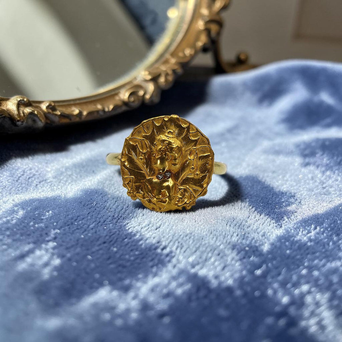 Circa 1905 Art Nouveau Mucha Lady 18k Yellow Gold Ring | Converted Scarf Clip | Rose Cut Diamonds | Petra Star Vintage Vault - Petra Star