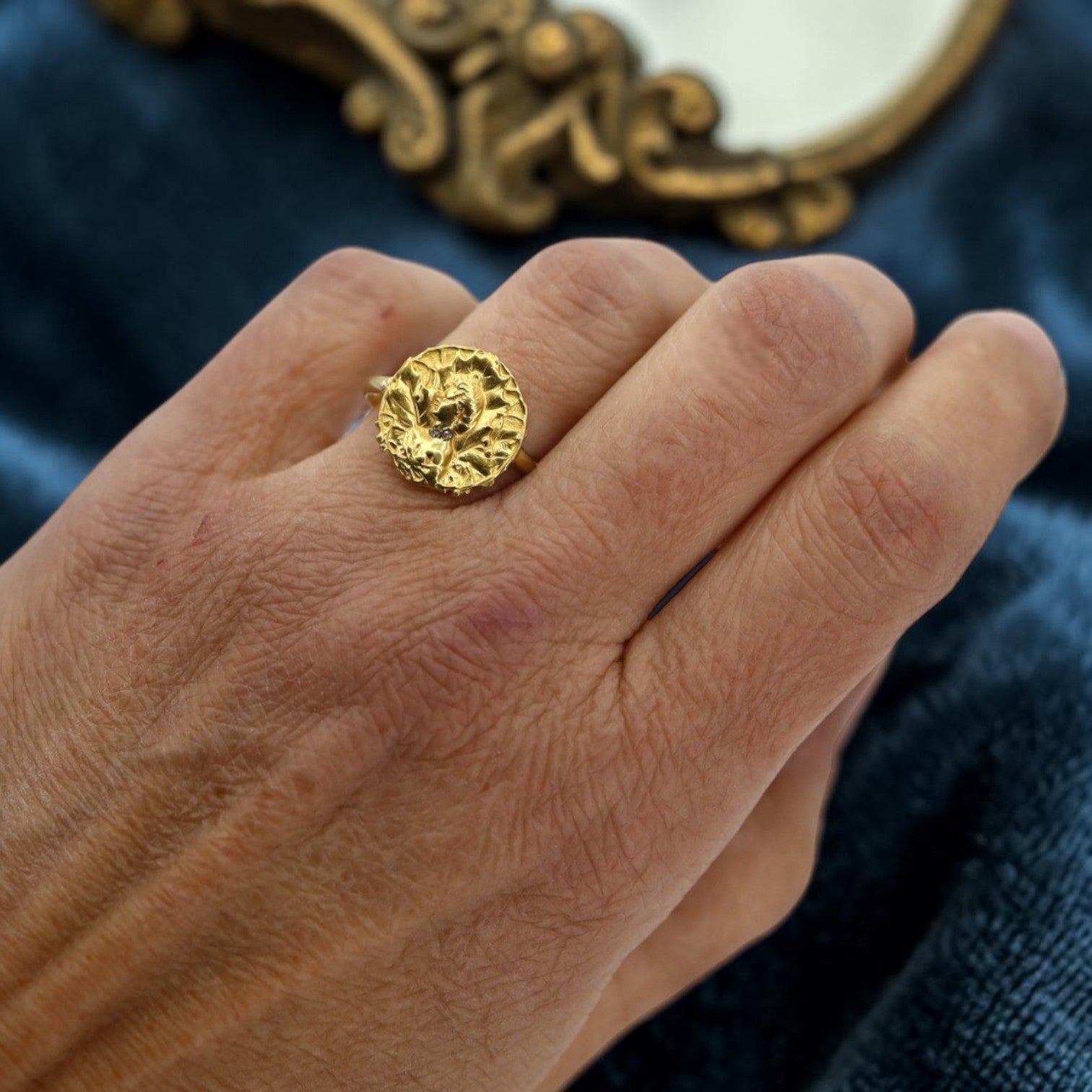 Circa 1905 Art Nouveau Mucha Lady 18k Yellow Gold Ring | Converted Scarf Clip | Rose Cut Diamonds | Petra Star Vintage Vault - Petra Star