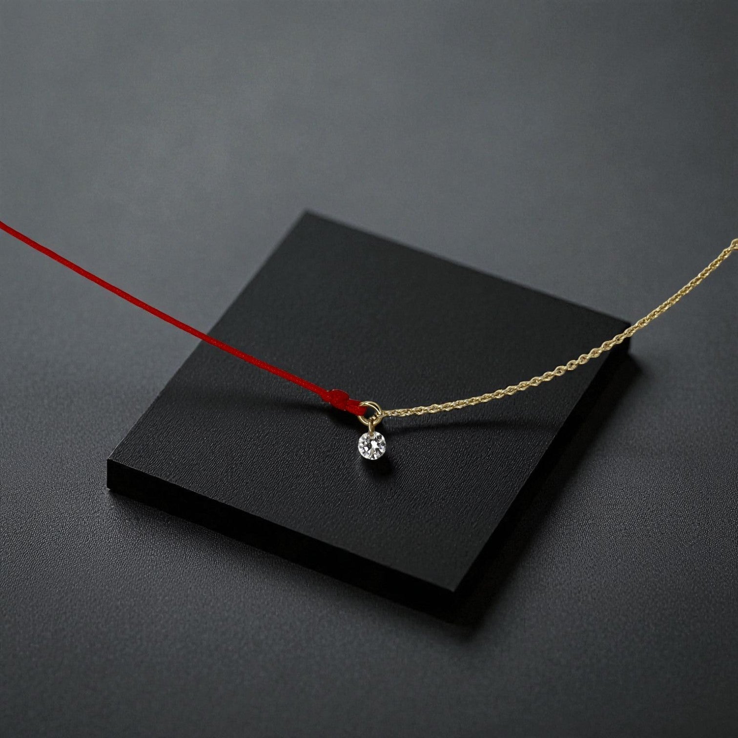 Contemporary Floating Diamond & Red Cord Necklace – 14k Yellow Gold - Petra Star