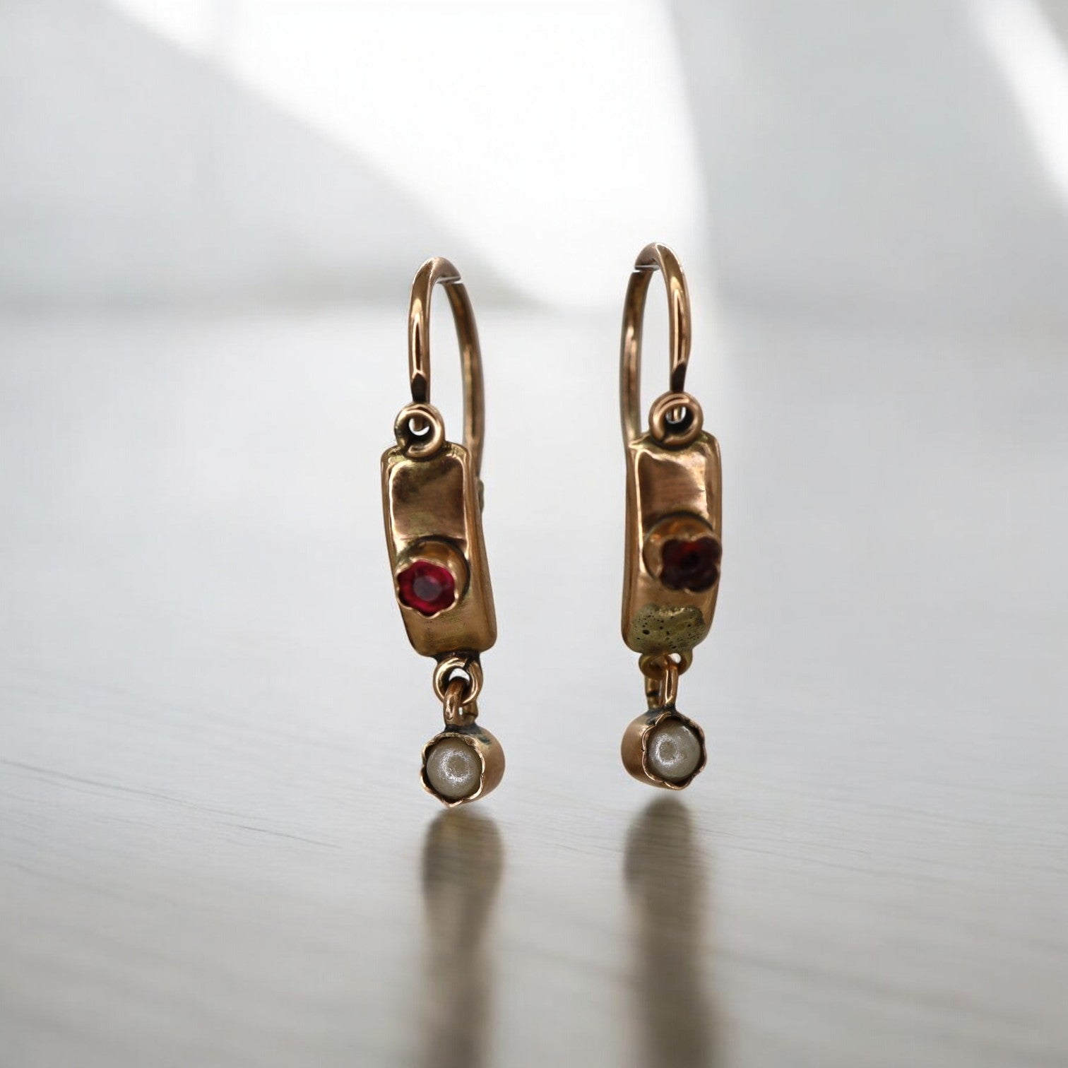 Dainty Early-Victorian Ruby & Pearl Earrings - Petra Star