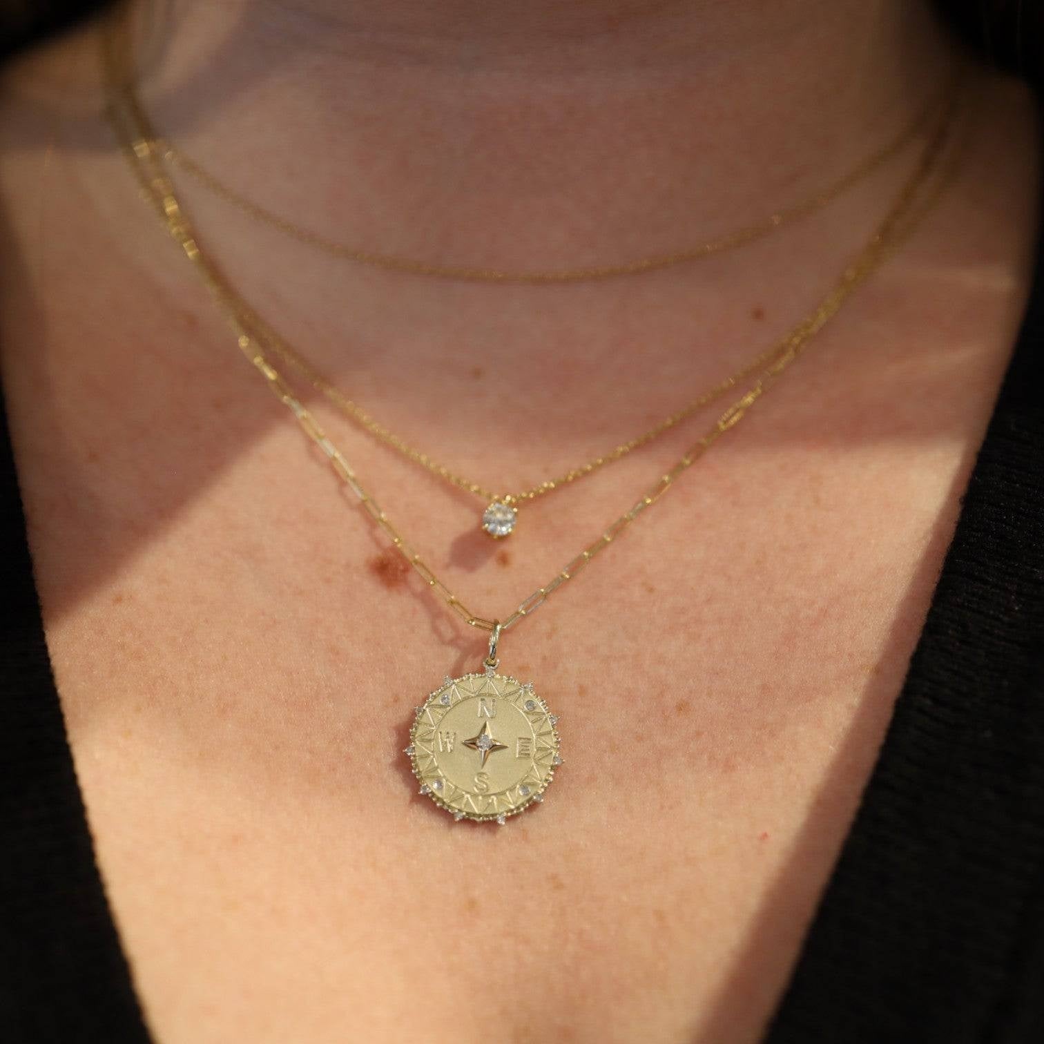Diamond Compass Medallion Necklace – 14k Yellow Gold, Paperclip Chain - Petra Star