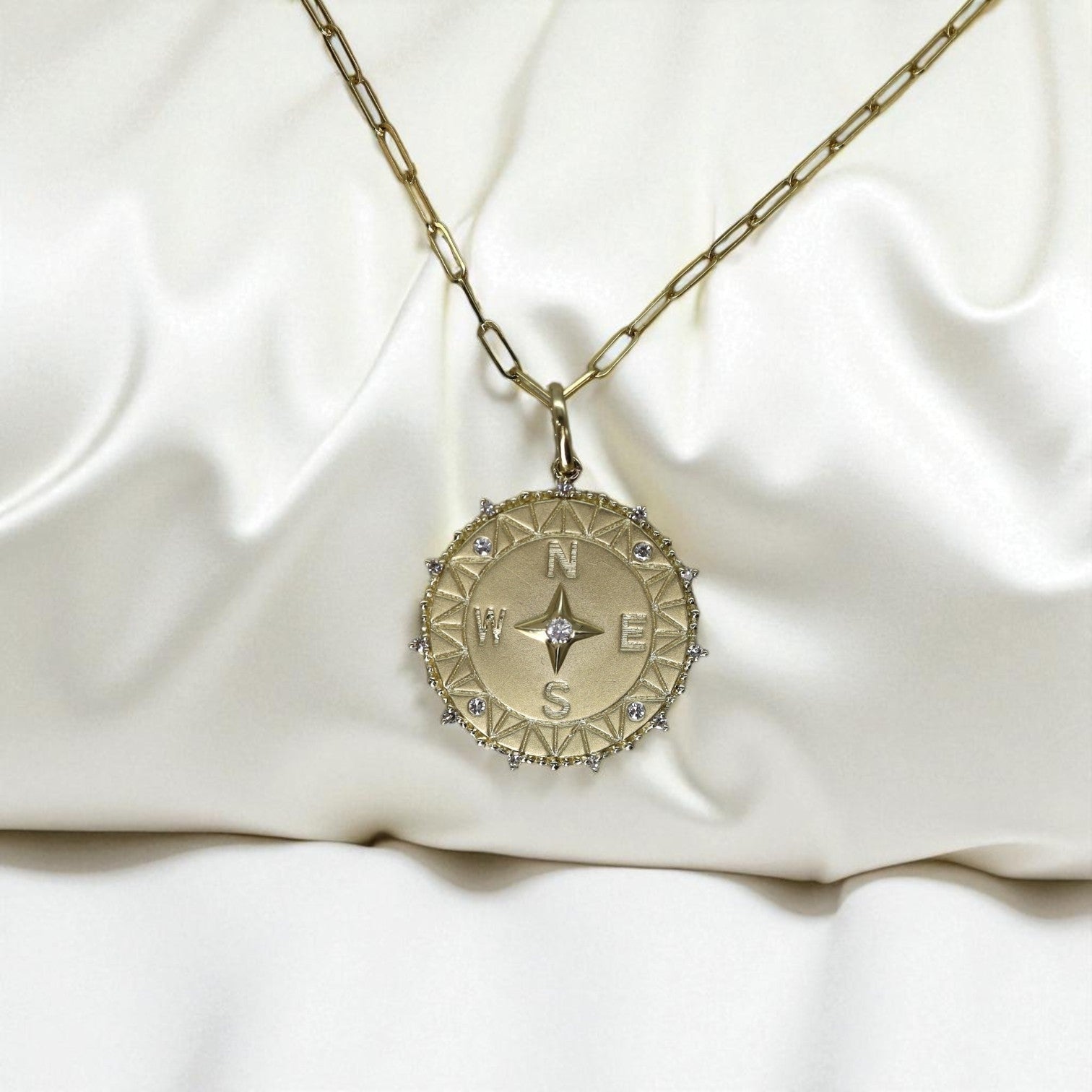 Diamond Compass Medallion Necklace – 14k Yellow Gold, Paperclip Chain - Petra Star
