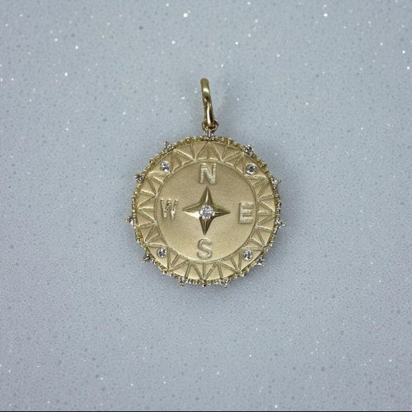 Diamond Compass Medallion Necklace – 14k Yellow Gold, Paperclip Chain - Petra Star