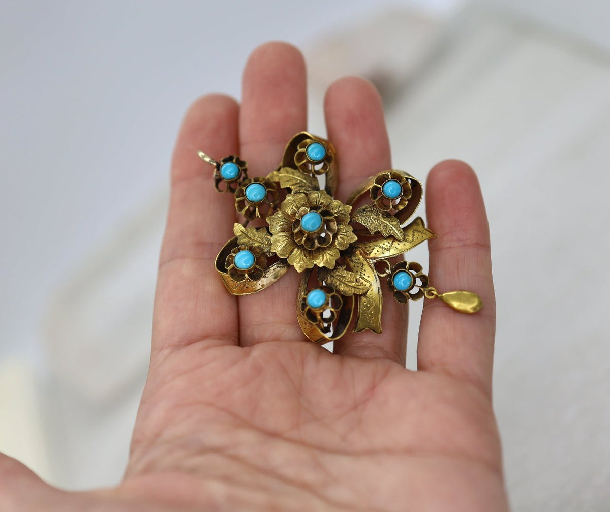 Early Victorian Pendant with Persian Turquoise in 14k Yellow Gold - Petra Star