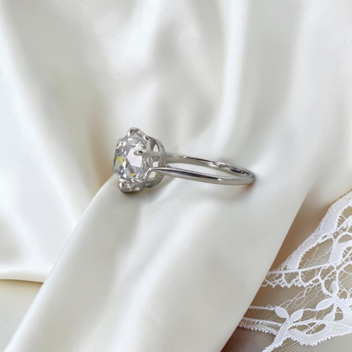 Edwardian-Inspired Platinum Solitaire, 3.59 ct Lab-Created Old European Cut Diamond — Cast from an Antique French Mounting, GCAL Certified - Petra StarEngagement Ring