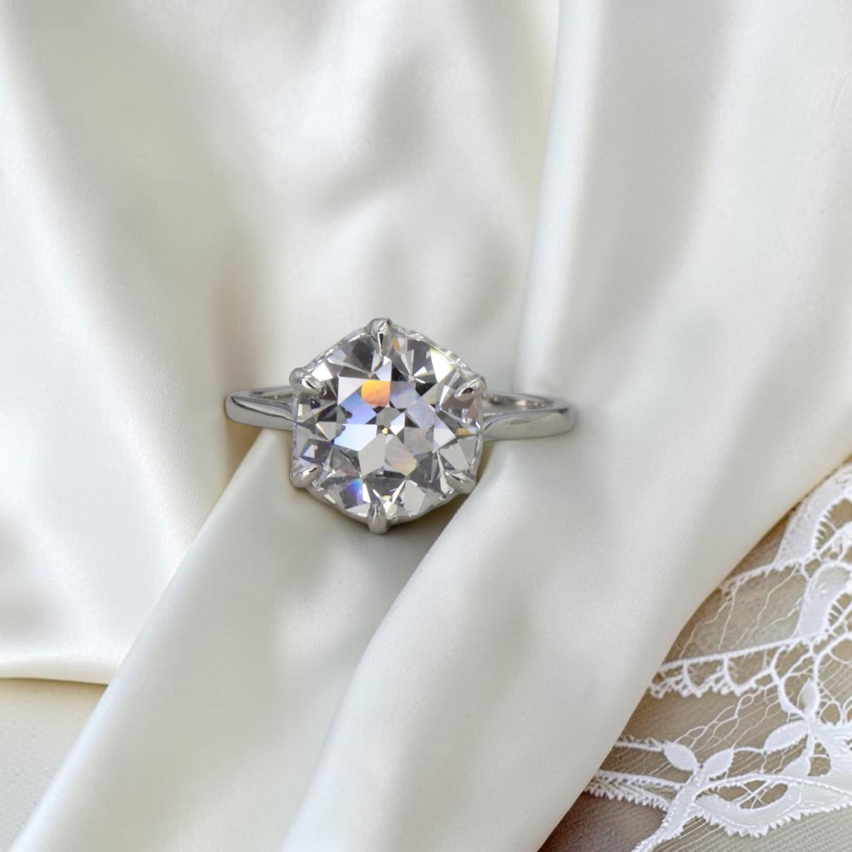 Edwardian-Inspired Platinum Solitaire, 3.59 ct Lab-Created Old European Cut Diamond — Cast from an Antique French Mounting, GCAL Certified - Petra StarEngagement Ring
