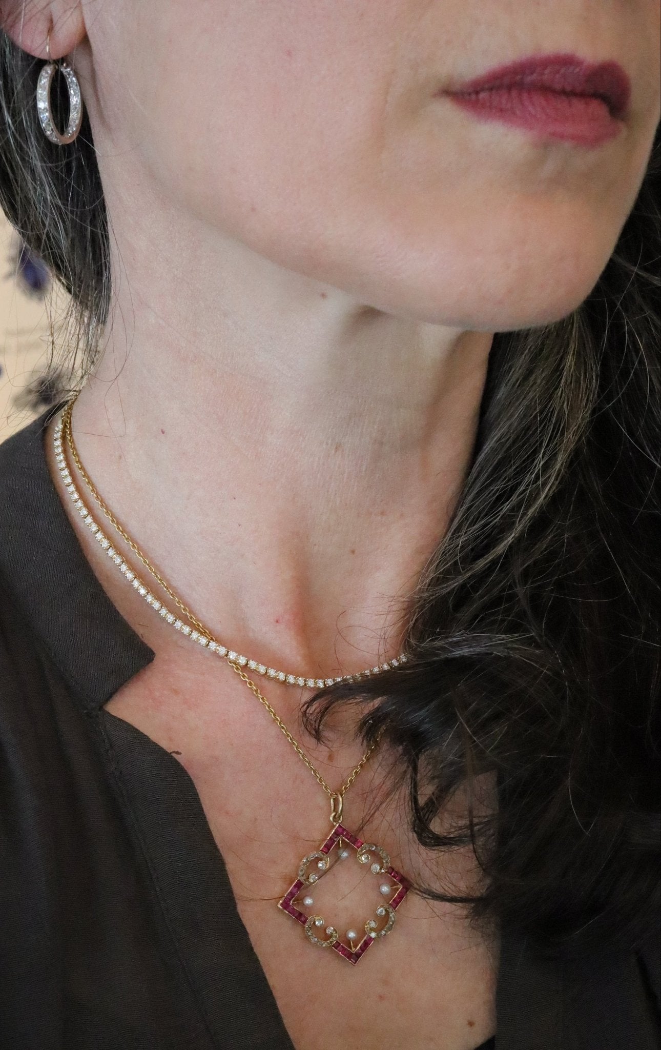 Edwardian Ruby & Diamond Convertible Pendant | Converted Brooch | 18k Gold | Rose-Cut & Old Mine Diamonds - Petra Star