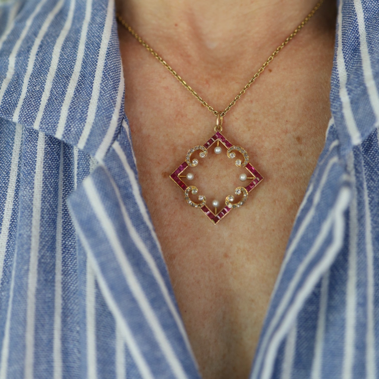 Edwardian Ruby & Diamond Convertible Pendant | Converted Brooch | 18k Gold | Rose-Cut & Old Mine Diamonds - Petra Star