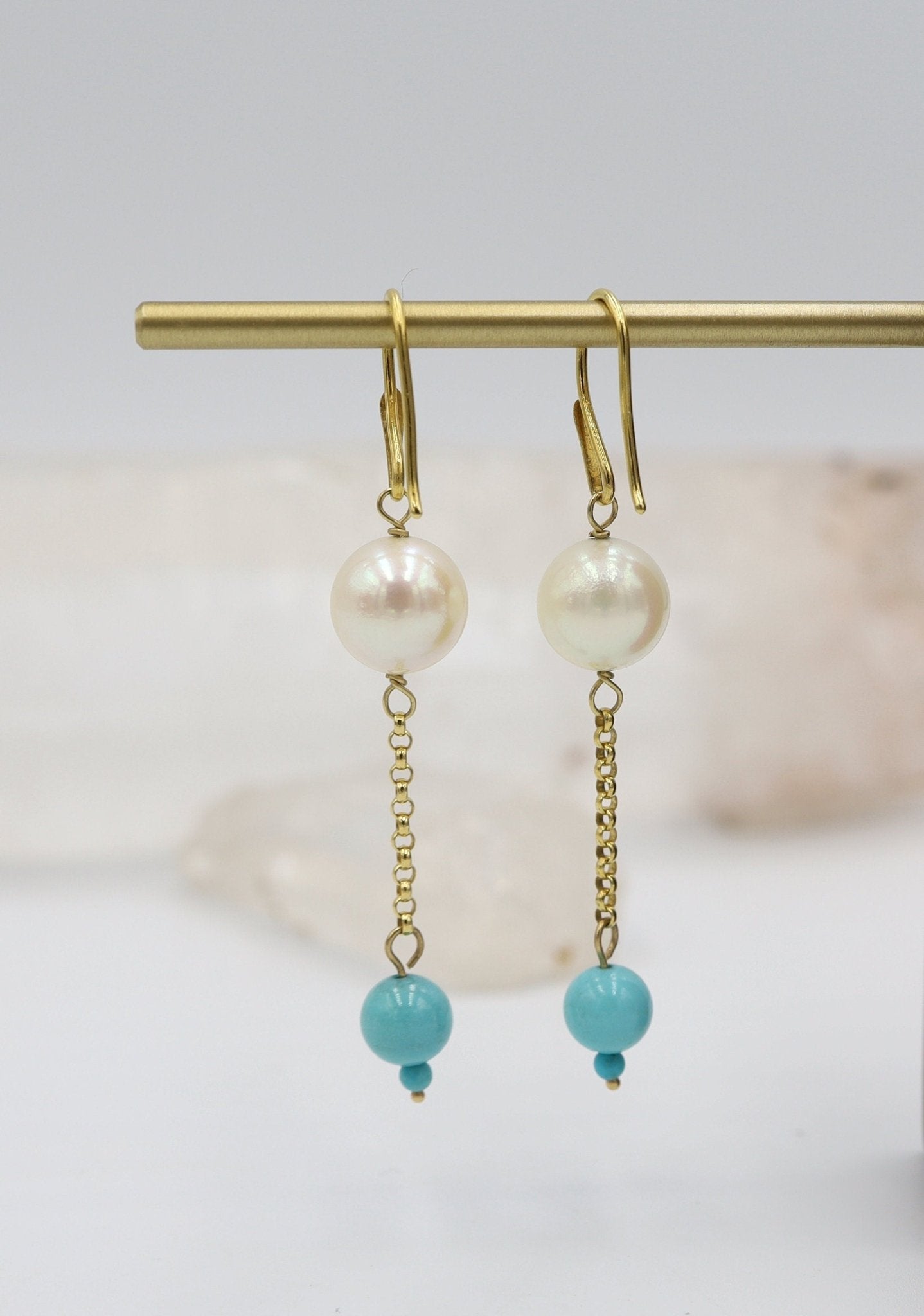 Elegant Pearl and Turquoise Drop Earrings in Deep, Rich 14k Yellow Gold - Petra Star