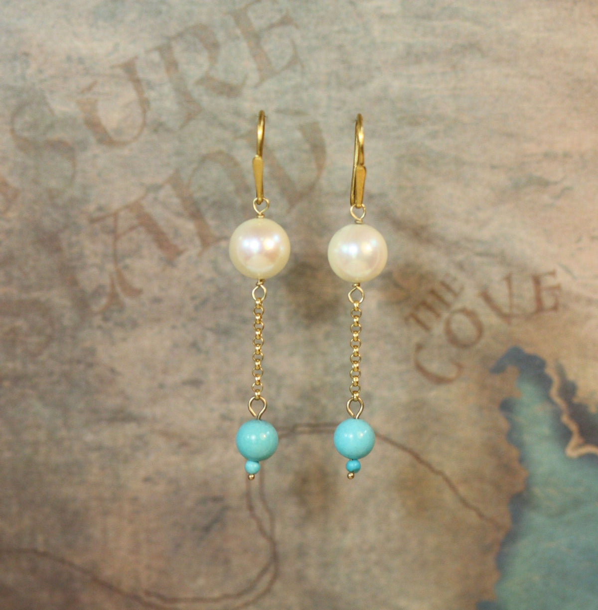 Elegant Pearl and Turquoise Drop Earrings in Deep, Rich 14k Yellow Gold - Petra Star