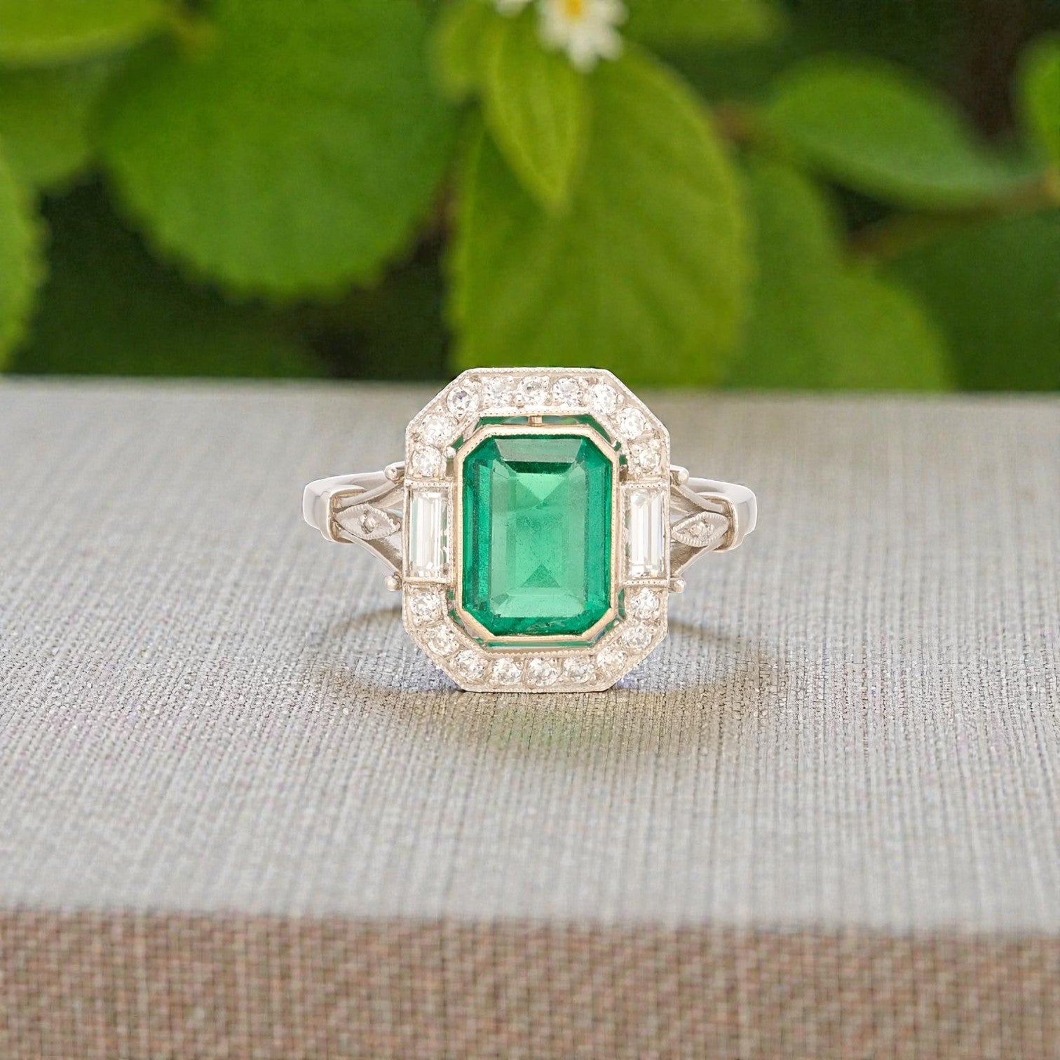 Emerald & Diamond Halo Ring in Platinum - Petra Star
