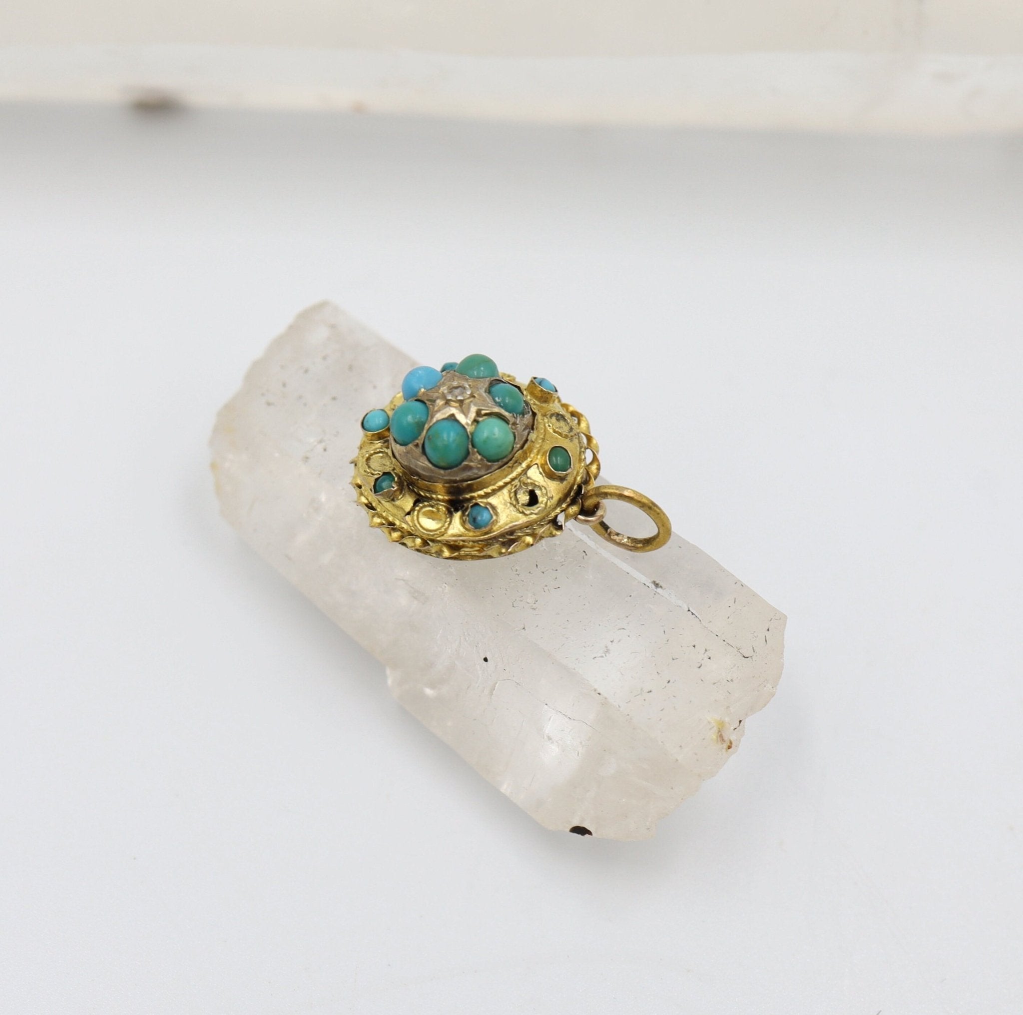 Etruscan Revival Turquoise & Diamond Pendant in 15k Yellow Gold - Petra Star