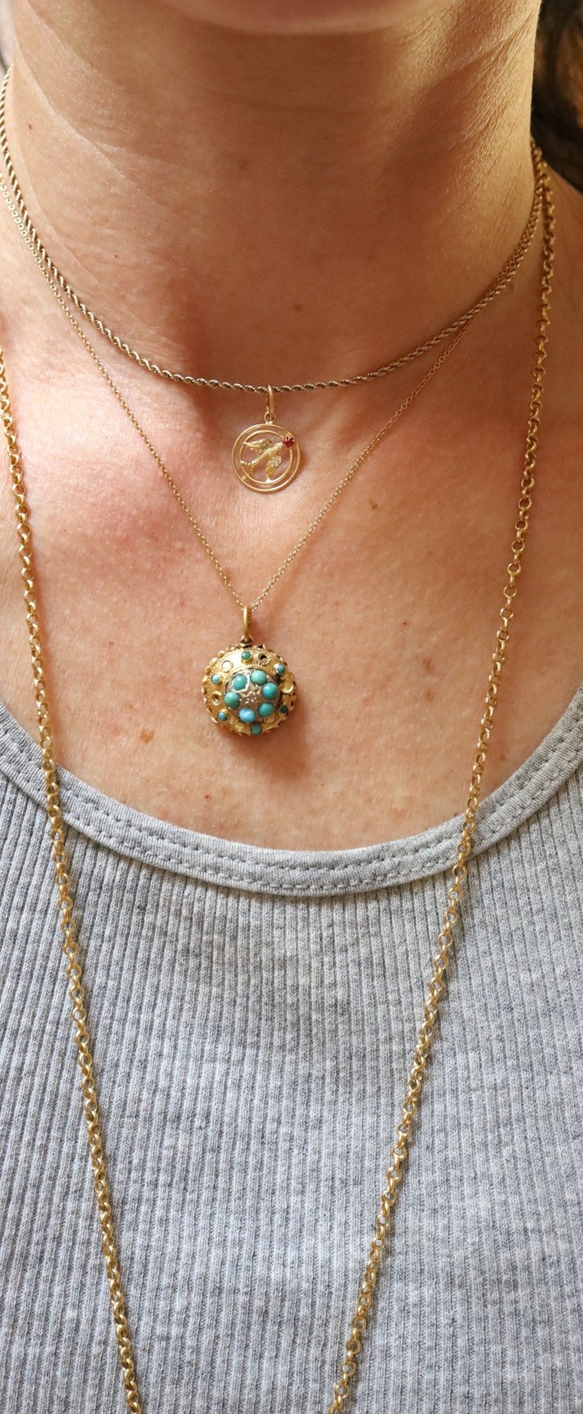 Etruscan Revival Turquoise & Diamond Pendant in 15k Yellow Gold - Petra Star