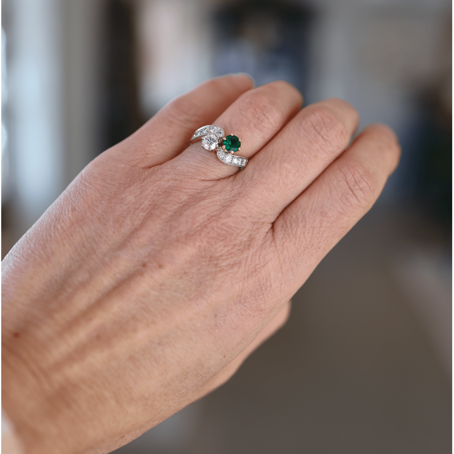 French Emerald Diamond Gold Toi et Moi Engagement Ring in 18k Gold and Platinum - Petra Star
