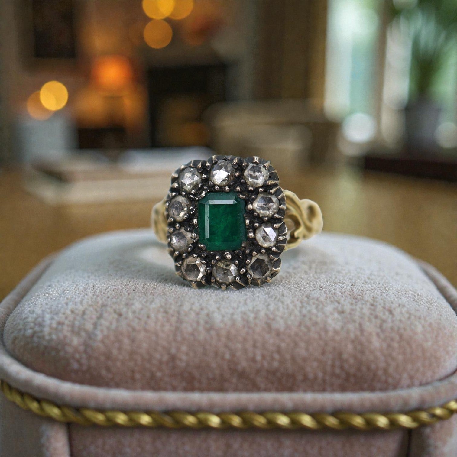 Georgian Emerald and Rose Cut Diamond Halo Ring, c.1820 | 14k Gold & Silver Closed Back - Petra Star