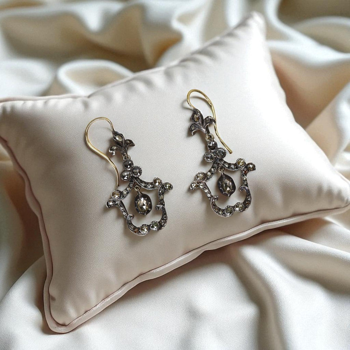 Georgian-Style Rose Cut Diamond Drop Earrings 14k & Silver - Petra StarEarrings