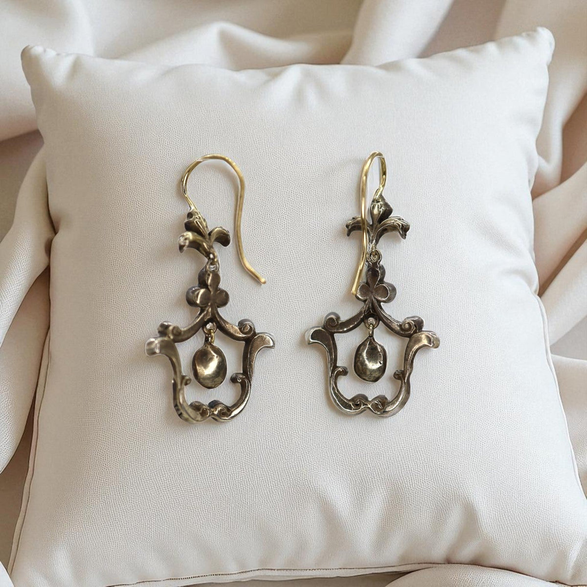 Georgian-Style Rose Cut Diamond Drop Earrings 14k & Silver - Petra StarEarrings
