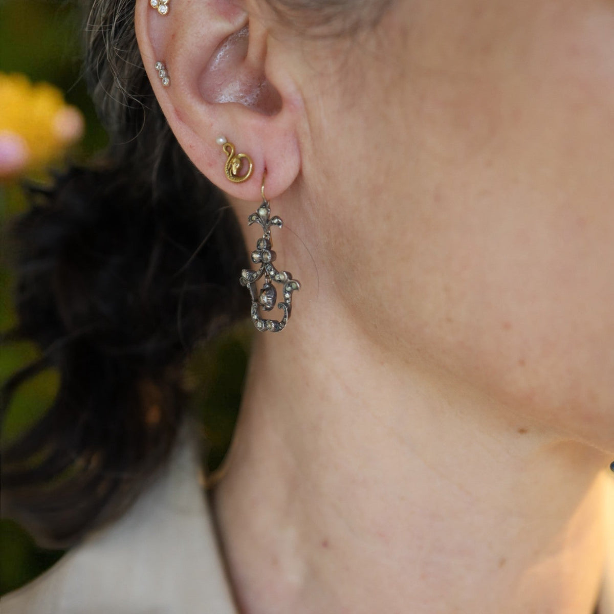 Georgian-Style Rose Cut Diamond Drop Earrings 14k & Silver - Petra StarEarrings