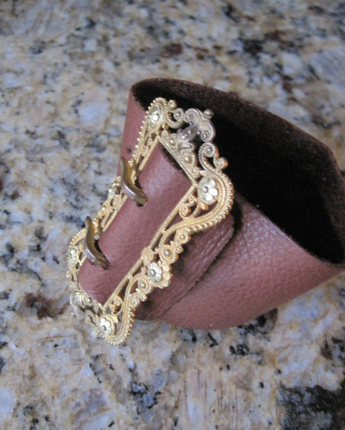 Gold-Plated Victorian Buckle Bracelet with Leather Cuff - Petra Star