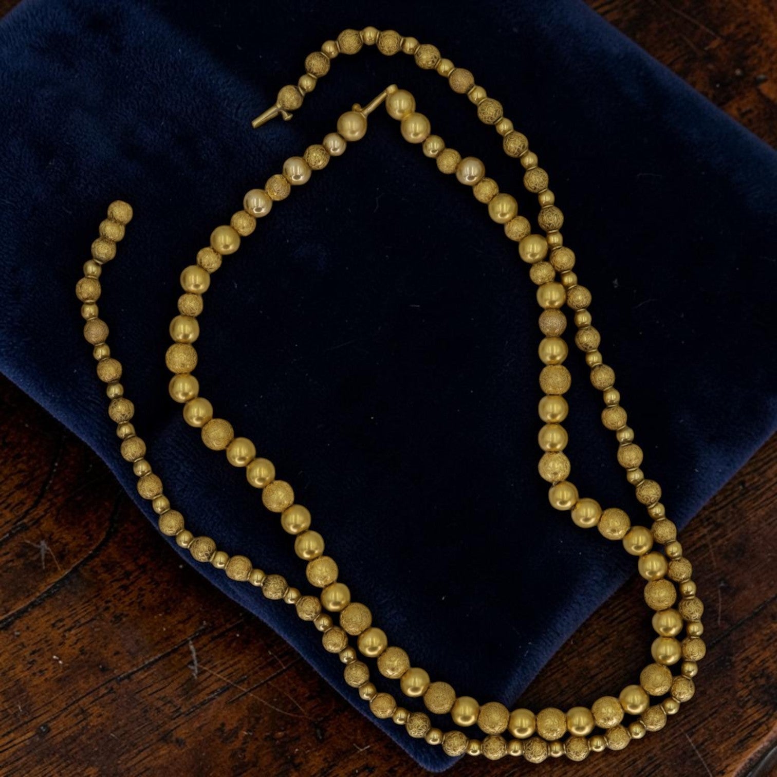 Victorian Etruscan Revival 14k Gold Bead Necklace, Granulated Beads, 1850-1880, DC Maker's Mark, 17.5", Antique Fine Jewelry