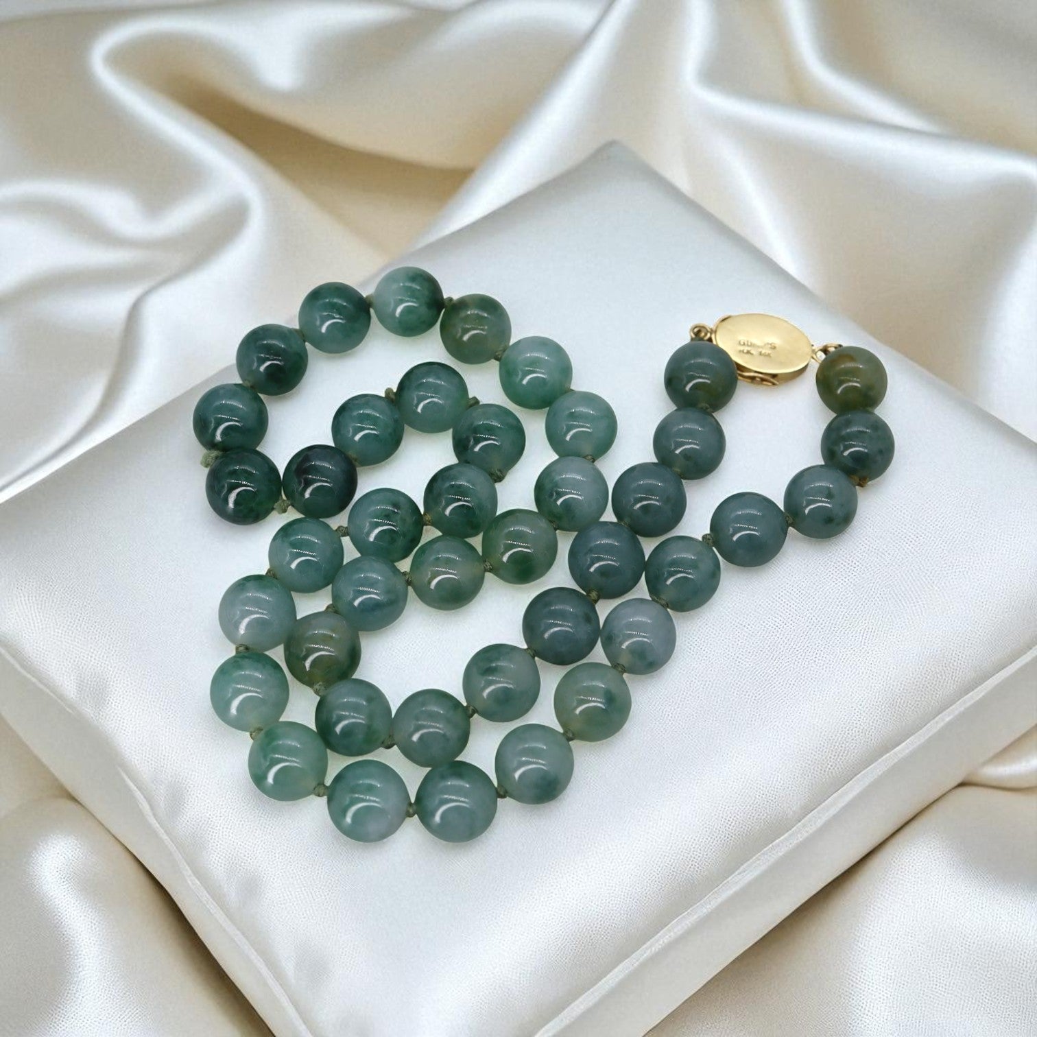 Gump’s of San Francisco 1960s Jade Bead Necklace in 14k Gold – 24", 13mm Beads - Petra Star