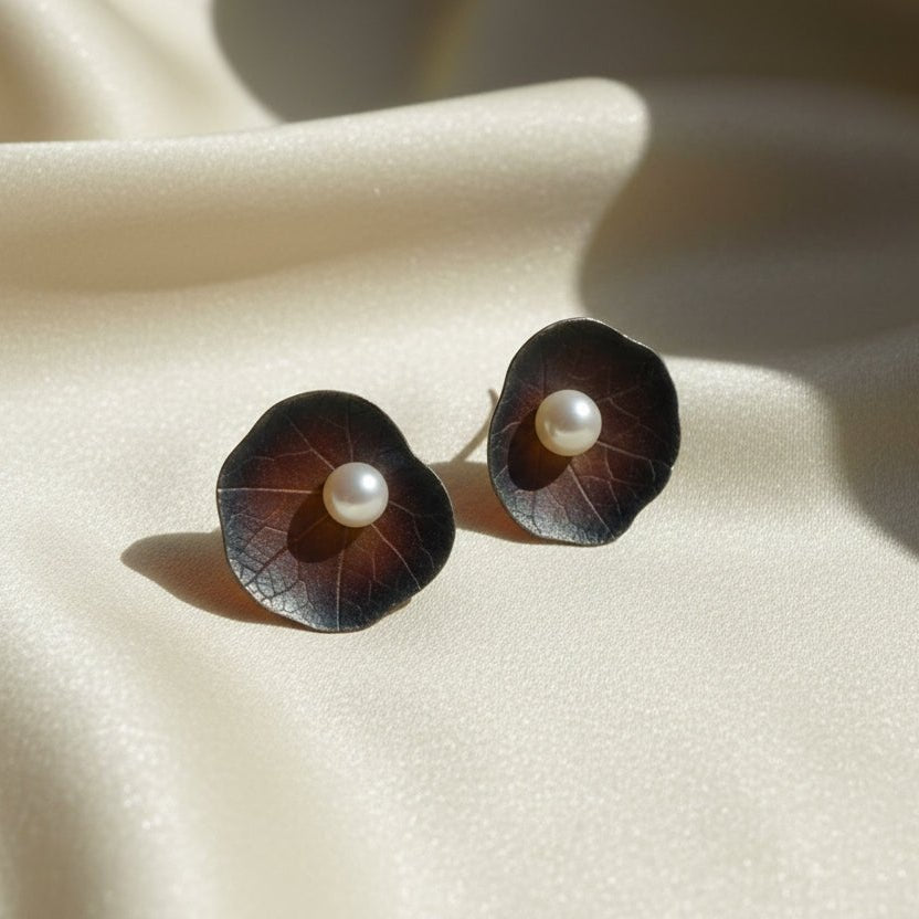 Handmade Akoya Pearl Earrings in Bronzed Oxidized Silver - Petra Star