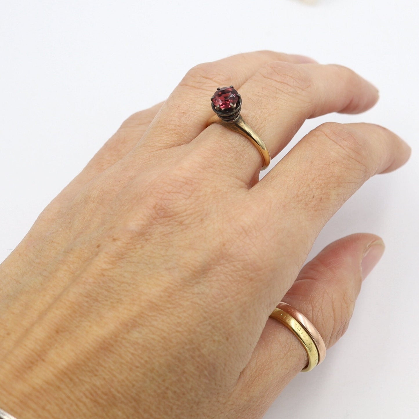 Garnet Spiral Solitaire Ring in 14k Yellow Gold & Silver / Space Age Ring / World's Fair Ring -DK317 - Petra Star
