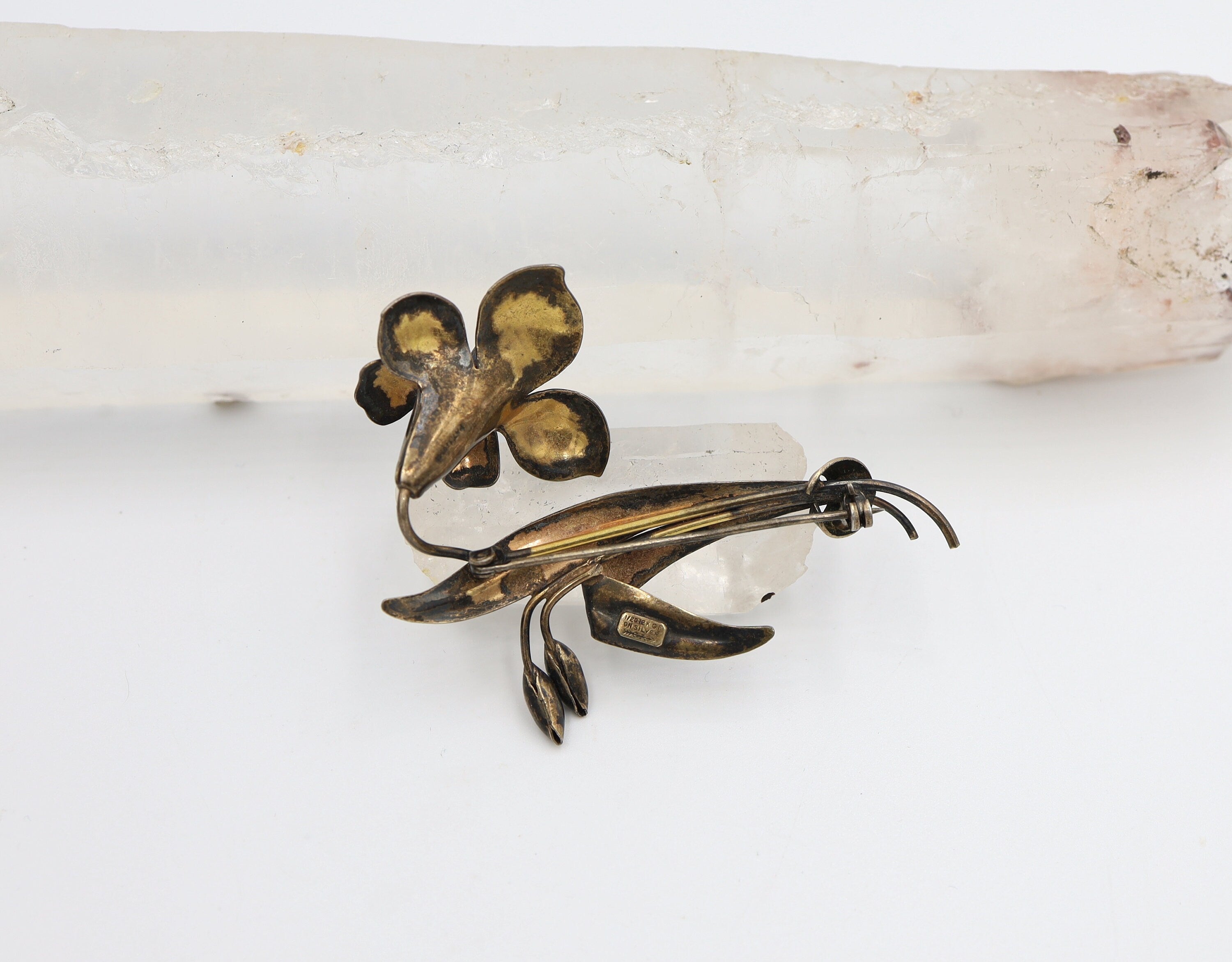 Antique Flower Brooch Iris Gold Over Silver - JL788 - Petra Star