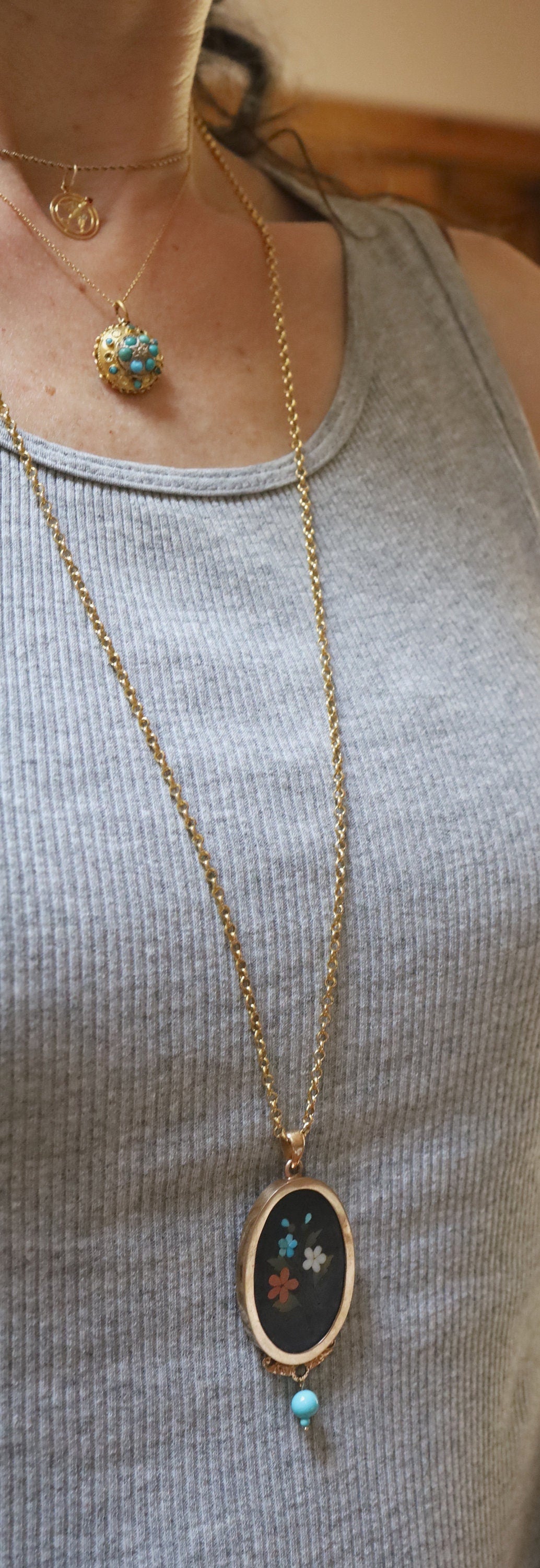 Etruscan Revival Turquoise and Diamond Pendant in 15k Yellow Gold - Petra Star