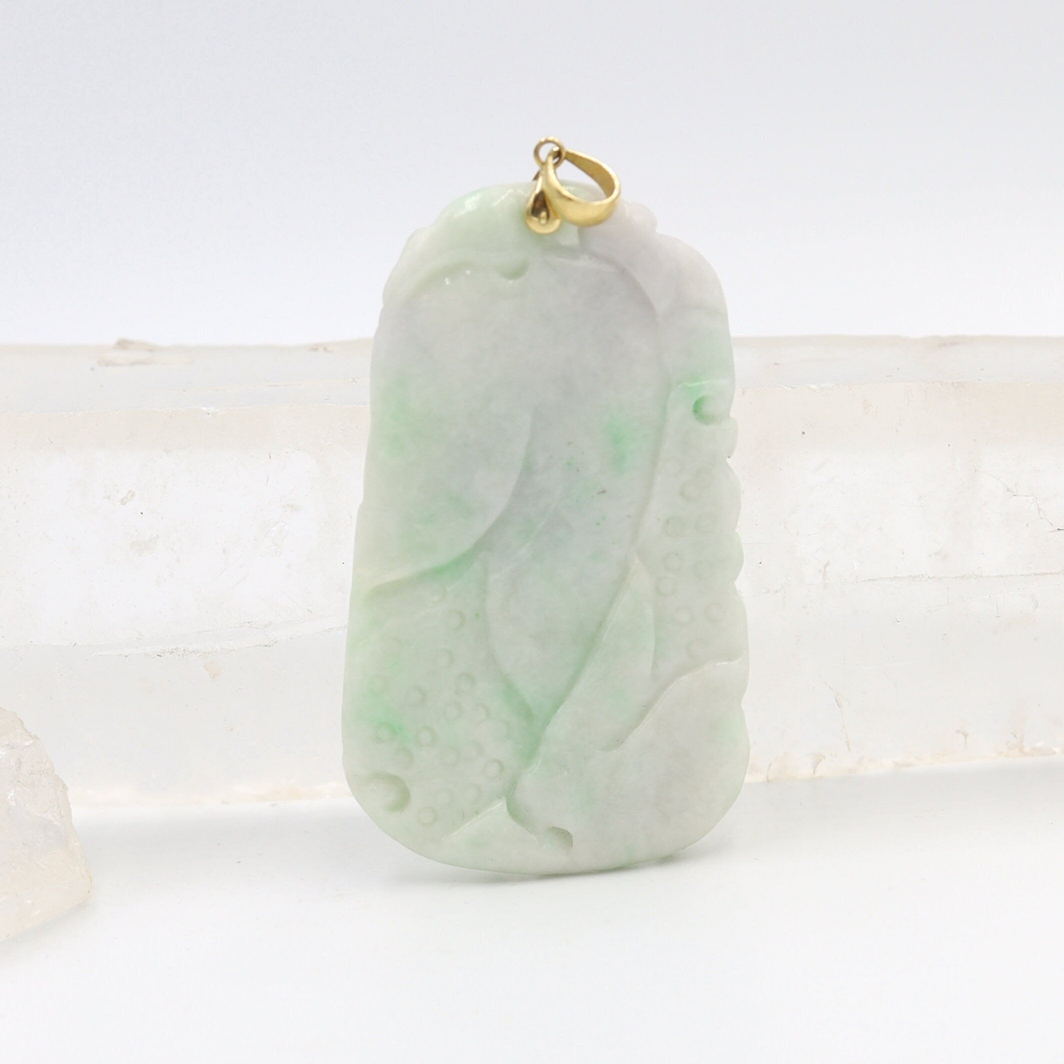 Large Carved Dragon White & Light Green Jade Pendant with 14k Yellow Gold Bail - JL1020 - Petra Star