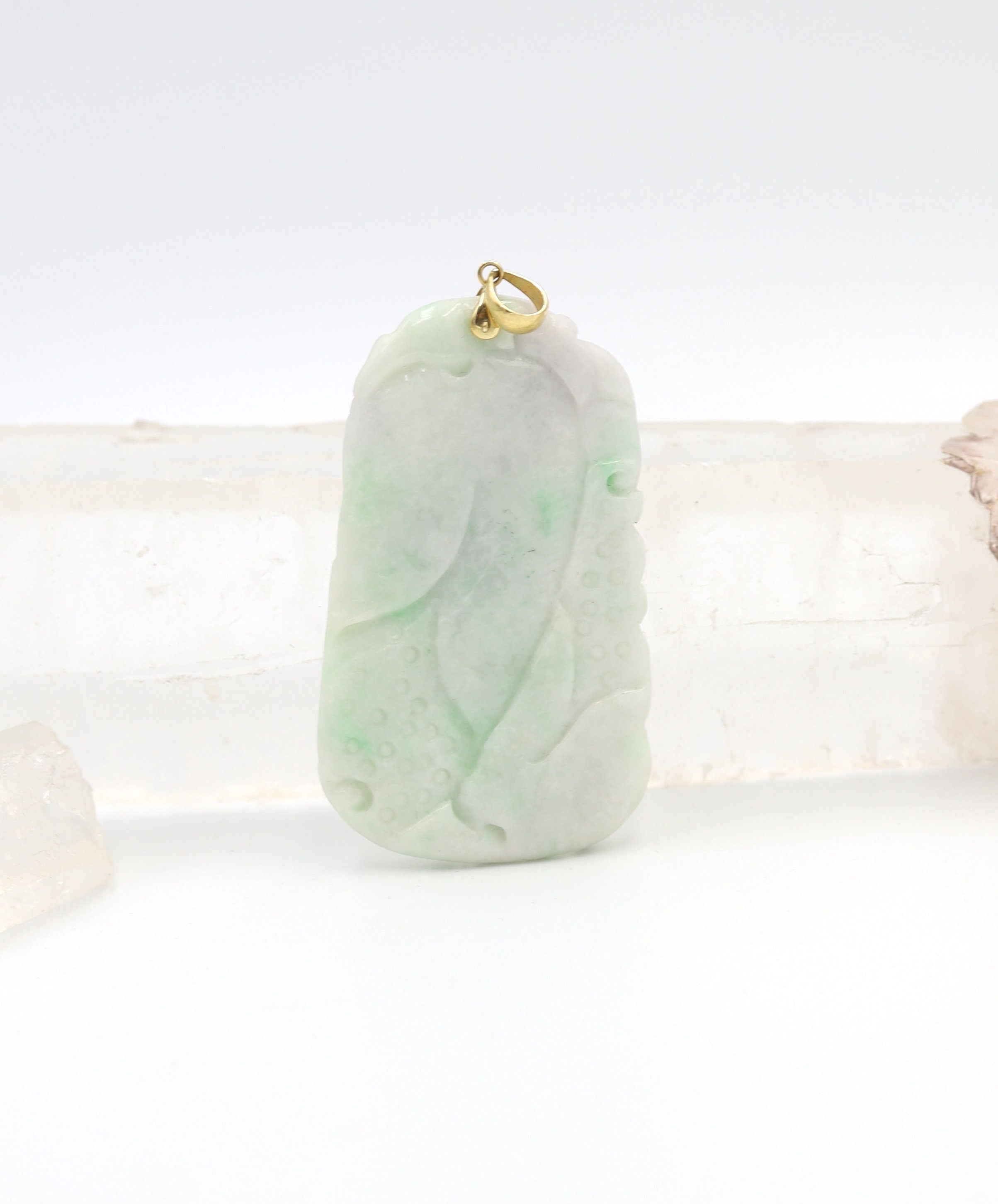 Large Carved Dragon White & Light Green Jade Pendant with 14k Yellow Gold Bail - JL1020 - Petra Star