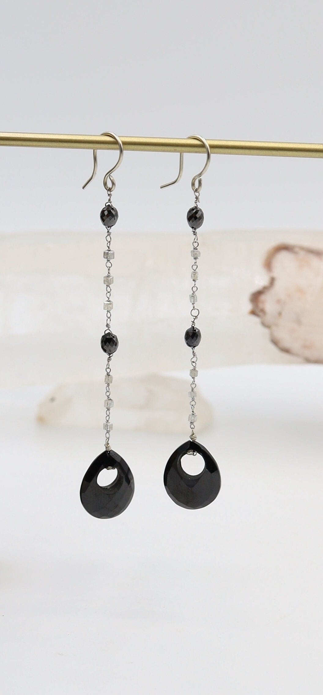 Black and White Diamond Earrings with Onyx in 14k White Gold Station Earrings - Petra Star