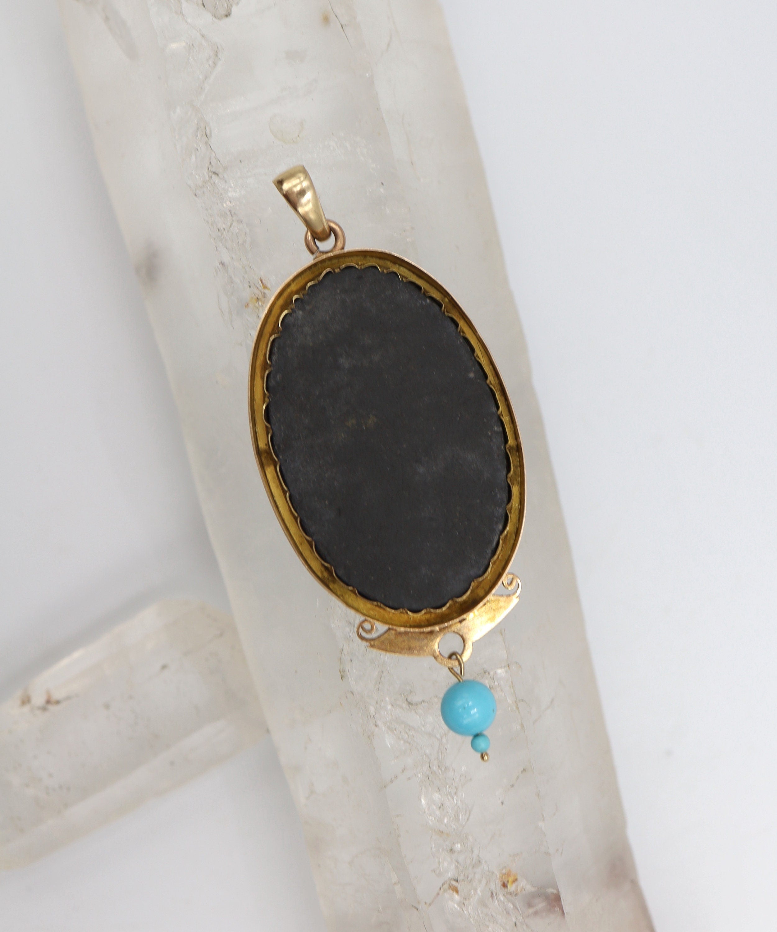 14k rose gold Victorian pietra dura pendant featuring intricate colorful stone inlay, elegant jewelry piece.