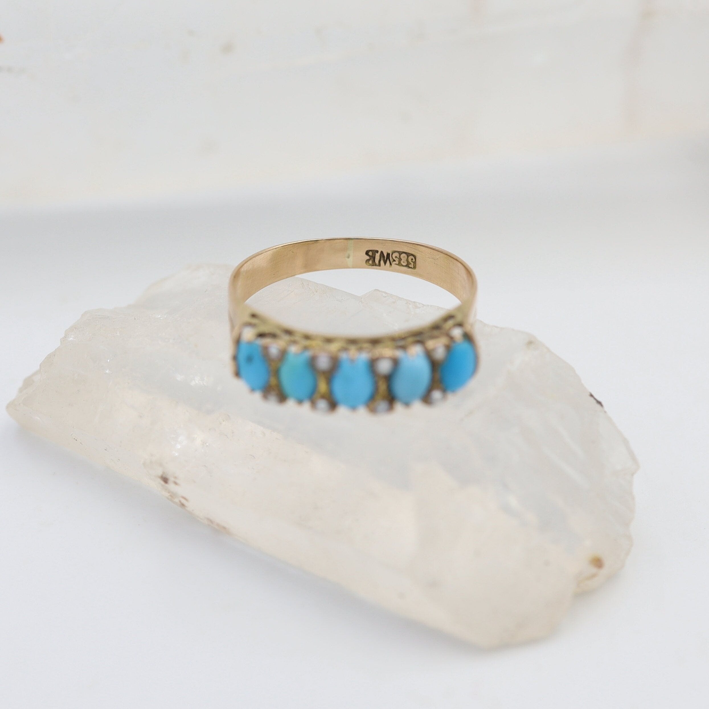 Victorian turquoise band ring with pearls in 14k rose gold, featuring half-hoop design and intricate vintage detailing