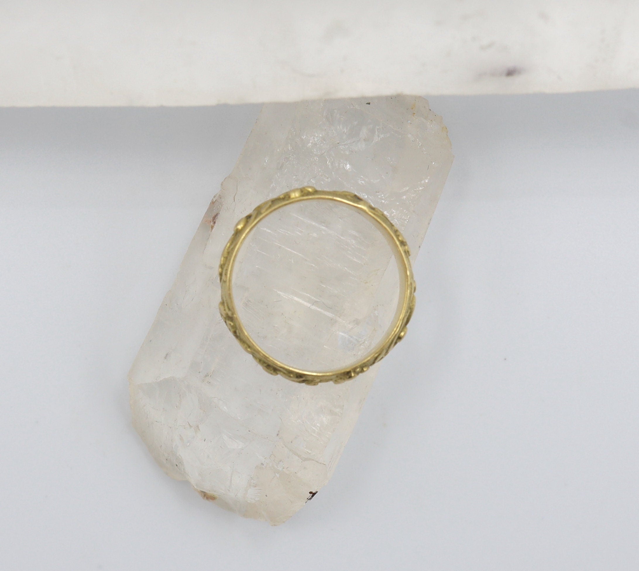 Victorian 18k gold band ring, 5mm wide, size 5, with intricate vintage design and detailed craftsmanship.