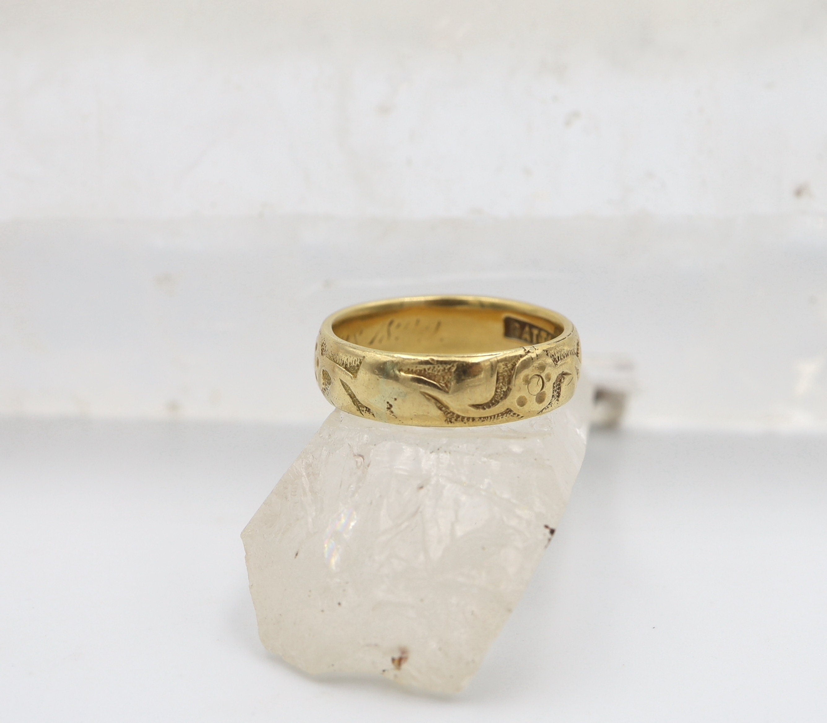 Victorian 18k gold band ring, 5mm wide, size 5, from The Vintage Vault, featuring a classic vintage-style gold ring design.