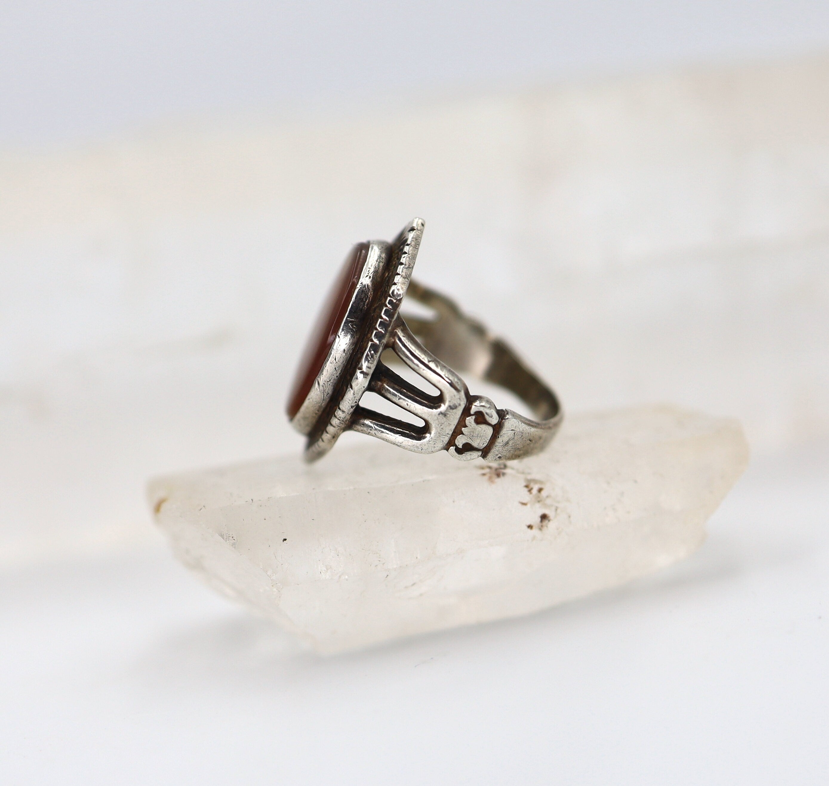 Antique silver agate ring featuring a polished agate stone set in a vintage-style silver band, handcrafted by Clarke & Coombs.